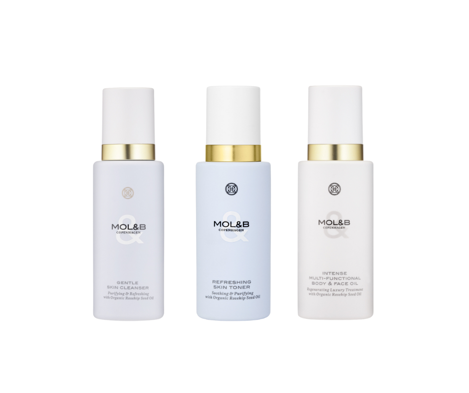MOL&B Gentle Skin Cleanser, Refreshing Skin Toner og Body & Face Oil – tre produkter i pakken